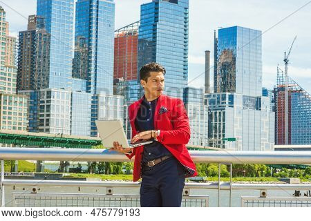 Businessman Traveling, Working In New York. Dressing In Red Blazer, Blue Collarless Shirt, A Guy Sta