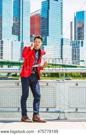 Businessman Traveling, Working In New York. Dressing In Red Blazer, Blue Collarless Shirt,  A Guy St