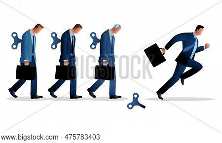 Business Concept Vector Illustration Of A Businessman Running After His Winder Released. Free Will, 