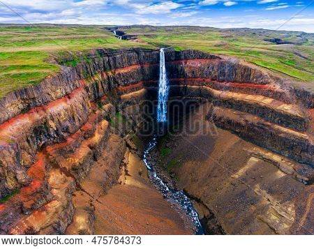 Aerial View Icelandic Summer Landscape Of The Aldeyjarfoss Waterfall In North Iceland. The Waterfall