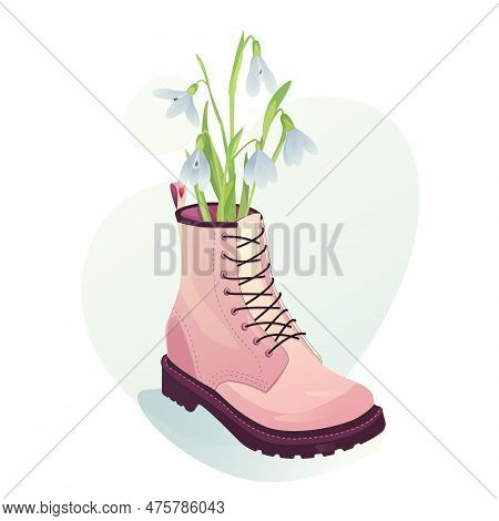 First Spring Flowers. Snowdrops In A Shoe Concept