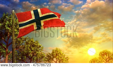 Waving Flag Of Norway At Sunrise For Memorial Day - Abstract 3d Rendering