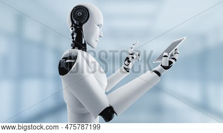 Robot Humanoid Use Mobile Phone Or Tablet In Future Office While Using Ai Thinking Brain , Artificia