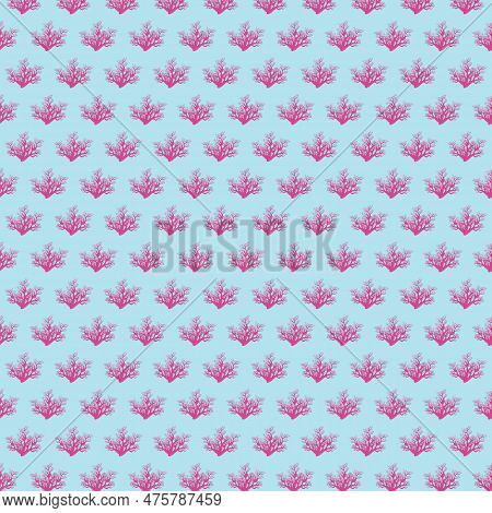 Sprig Of Red Caral In Flat Style. Seamless Pattern. Vector Illustration.