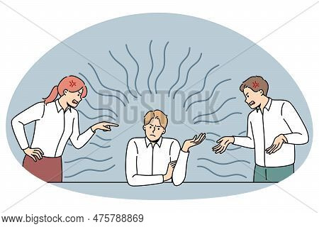 Employees Fight Quarrel With Selfish Male Colleague In Office. Coworkers Or Businesspeople Work Argu