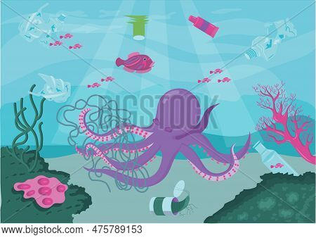 Marine Life Interact With Human Debris. The Concept Of Ocean Pollution, Environmental Problem. An Oc