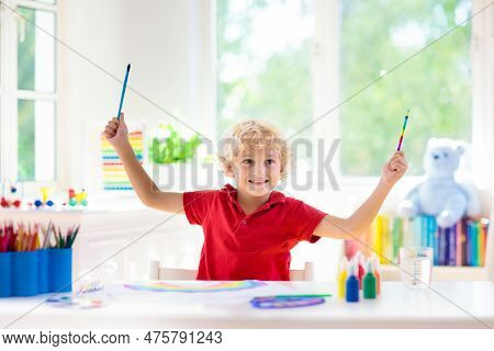 Kids Paint. Child Painting. Little Boy Drawing.