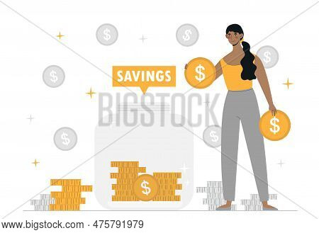 Saving Money Concept. Woman Puts Gold Coins In Glass Jar. Savings And Investments. Financial Literac