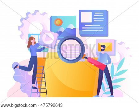 People With File. Woman And Man With Magnifying Glass Analyze Contents Of Folder And Evaluate Electr