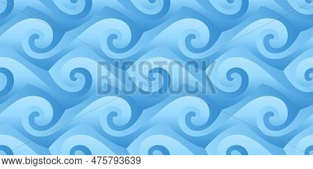 Blue Seamless Curly Waves Pattern Vector Illustration