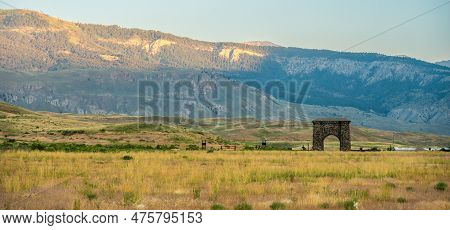 Panorama Of Roosevelt Arch And Hillside In Gardiner Montana Outside Of Yellowstone