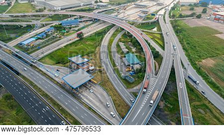 Aerial Top View Of Highway Junction Interchange Road. Drone View Of The Elevated Road, Traffic Junct