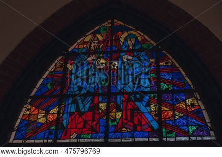 Elblag, Poland August 2022. Glass Window Cathedral Mozaika View Of City Of Architecture Famous Popul