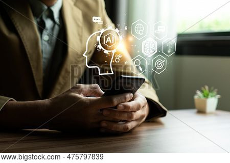 Businessman Touching The Brain Working Of Artificial Intelligence (ai) Automation, Predictive Analyt
