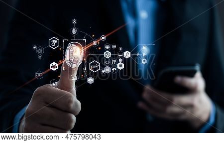 Businessman Using Fingerprint To Access Personal Financial Information, Biosecurity. Cybersecurity A