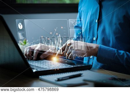 Businessman Analyzing Business Enterprise Data Management, Business Analytics With Charts, Metrics A