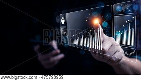 Businessman Analyzing Business Enterprise Data Management, Business Analytics With Charts, Metrics A