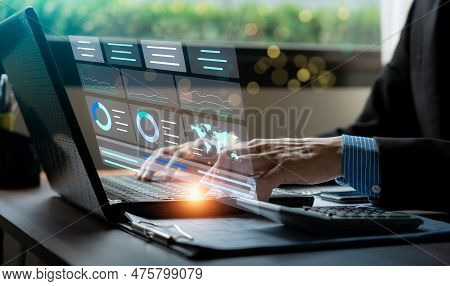 Businessman Analyzing Business Enterprise Data Management, Business Analytics With Charts, Metrics A
