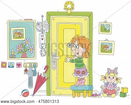 Funny Little Girl Looking At A Guest Through A Peephole Of A Front Door With An Intercom In A Home H