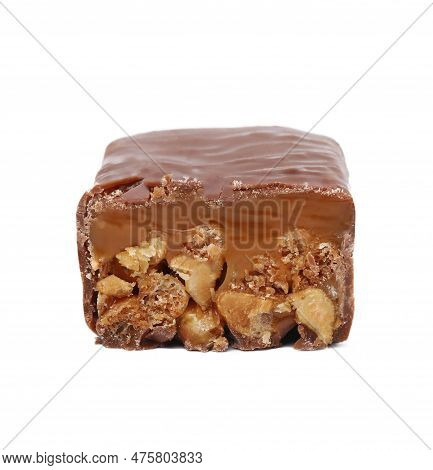 Piece Of Sweet Tasty Chocolate Bar On White Background