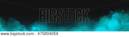 Turquoise Fog Cloud Or Steam Vector Background. Abstract Mist And Smoke Texture With Magic Dust. Rea