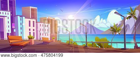 City Park Bench On Street Near River And Downtown Building Vector Landscape. Resort On Seaside In To