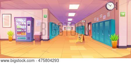Contemporary High School Corridor Interior Design With Classroom Doors, Lockers For Students, Vendin
