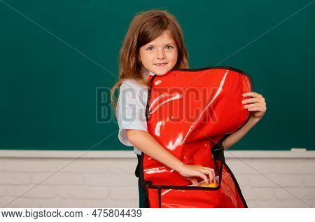 Happy Smiling Preteen Girl With Backpack, Kid Schoolgirl With Wears Schhol Uniform Holding Backpack 
