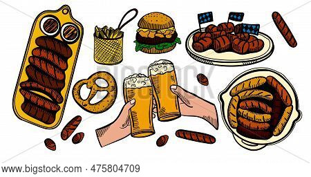 The Composition Of Drinks And Snacks. Set Food And Beer In A Glass, Mug, Cup And Jar. Hand Drawing G
