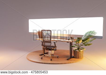 Isolated Computer Workspace On Wooden Podium With Giant Widescreen Monitor; Freelance And Home Offic