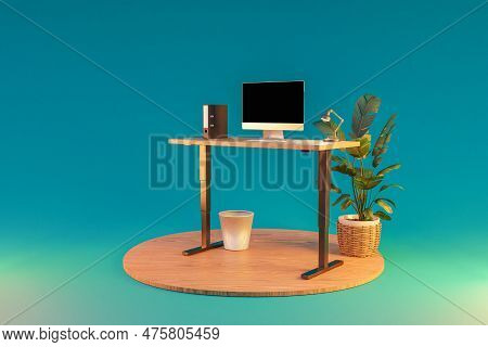 Isolated Computer Workspace On Wooden Podium With Standing Desk; Freelance And Home Office Concept; 
