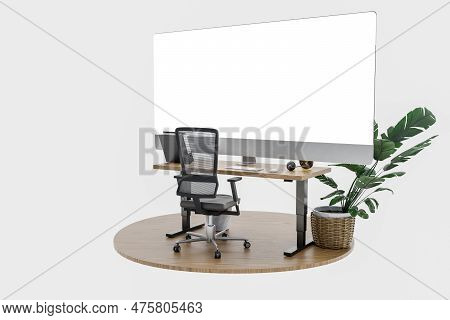Isolated Computer Workspace On Wooden Podium With Giant Widescreen Monitor; Freelance And Home Offic
