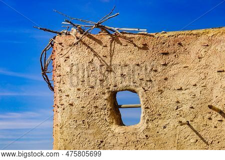 Old Clay House Detail, Bars In Window. El Chorrillo Film Location, Sierra Alhamilla In Andalucia Spa