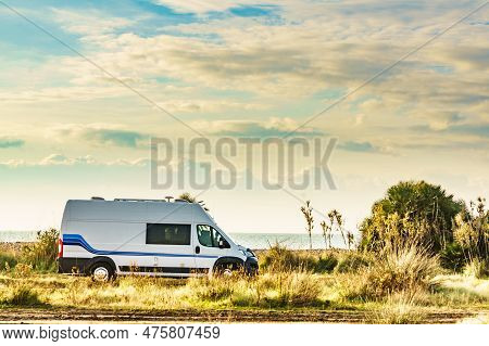 Campervan Rv Camping On Sea Shore In Spain. Van Life, Motor Home Holidays.
