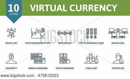Virtual Currency Outline Set. Creative Icons: Digital Key, Cryptocurrency Chart, Blockchain, Cryptoc