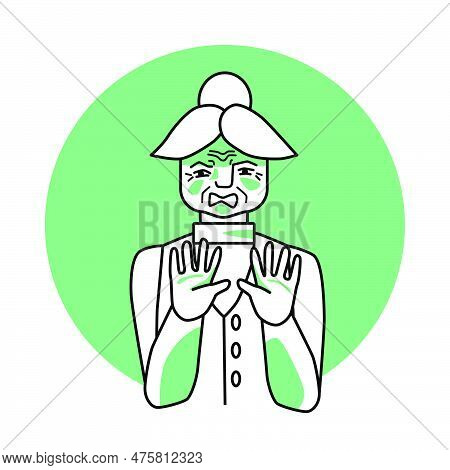 Old Woman With Emotion Of Disgust, Facial Expression With Hands. Disgusted Grandmother With White Ha