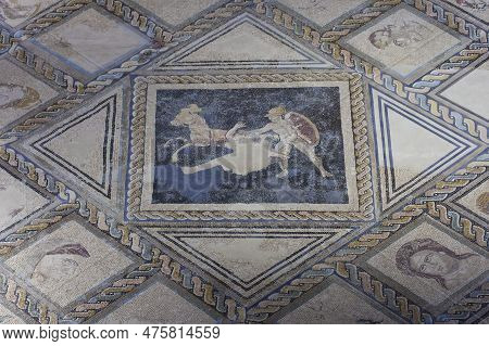 Alcala De Henares, Spain - Oct 10th, 2020: Achilles Slaying Penthesilea Mosaic. Regional Archaeologi