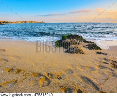 Beach On The Black Sea. Vacation And Relax Background. Beautiful Vie On Warm September Morning