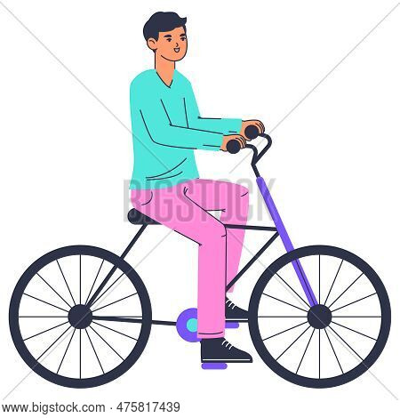Active Bike Riding, Man Riding Bicycle. Linear Male On Bike, Young Cyclist Ride Bicycle Flat Vector 