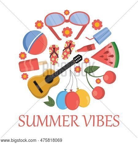Summer Items Arranged In Circle Shape. Beach Items, Summer Vacation. Sunglasses, Ball, Surfboard, Ch