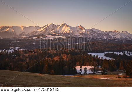 Charming Panorama Of The Polish Tatra Mountains In The Morning. View Of The High Tatras From The Vil