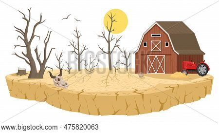 Cartoon Barren Lands, Natural Disaster. Drought Land, Dry Farmlands Soil With Dead Trees, Barrenness