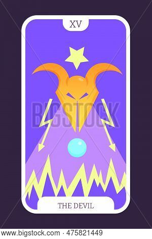 The Devil Tarot Cartoon Flat Card Template Major Arcana. Taro Vector Illustration Spiritual Signs Wi