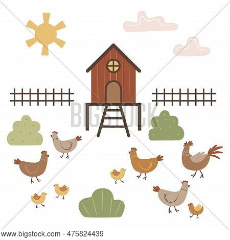 Set Of Objects And Birds. Poultry Yard With Hens, Roosters And Chicks. Doodle Art. Simple Isolated V