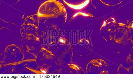 Goldish Limpid Fluid Metaspheres Floating On Purple Bg - Abstract 3d Illustration