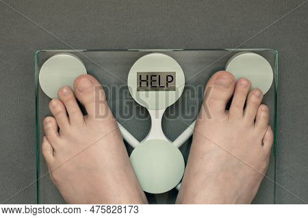 The Inscription Help On The Bathroom Scales, The Concept Of Overweight And Obesity