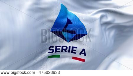 Rome, Ita, April 2023: Close-up Of The Serie A Tim Flag Waving In The Wind. Top Division Of The Ital