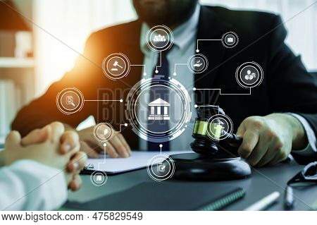 Smart Law, Legal Advice Icons And Lawyer Working Tools In The Lawyers Office Showing Concept Of Digi