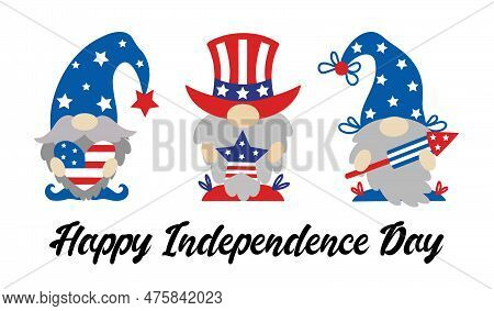 Cute Patriotic Gnomes By July 4th. American Independence Day. Elves With Beards Hold A Heart, A Star
