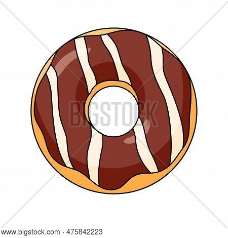 Cute Chocolate Donut. Cartoon Glazed Bakery Flat Vector Illustration Isolated On White Background.